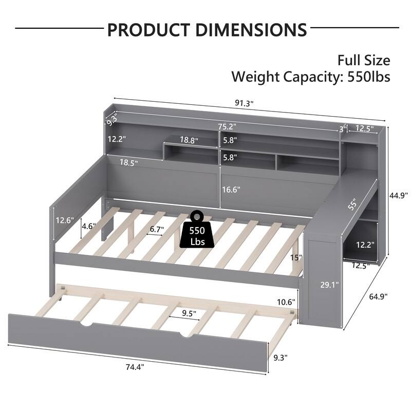 Wooden Daybed with Storage Shelves, Multi-functional Bed with Twin Size Trundle Bed and Study Desk