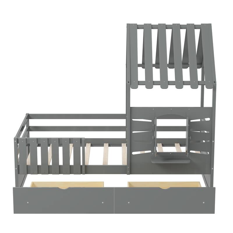 Twin Size House Bed Wood Kids Bed Frame with 2 Storage Drawers, Window and Guardrails for Bedroom, Easy Assembly