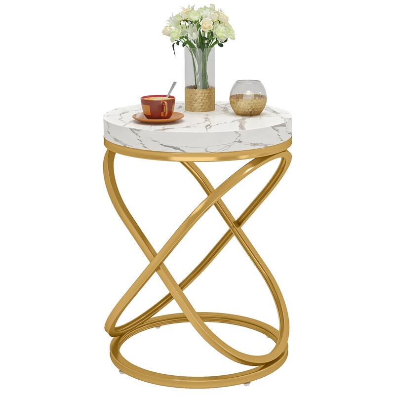 Round End Table, Faux Marble Side Table, Sofa Nightstand Bedside Table for Living Room, Bedroom
