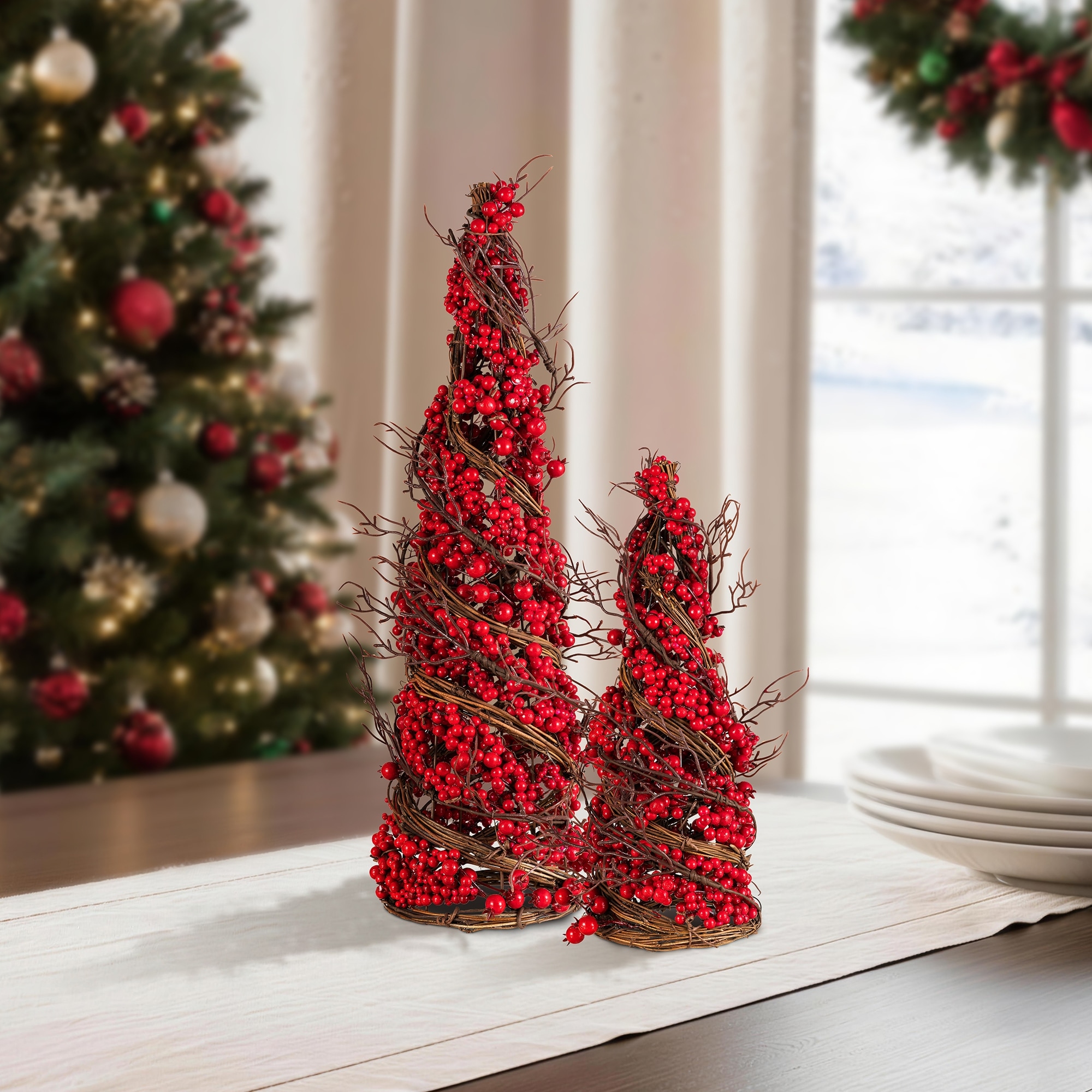 Glitzhome 24"/16"H Set of 2 Christmas Red Berry Rattan Table Tree