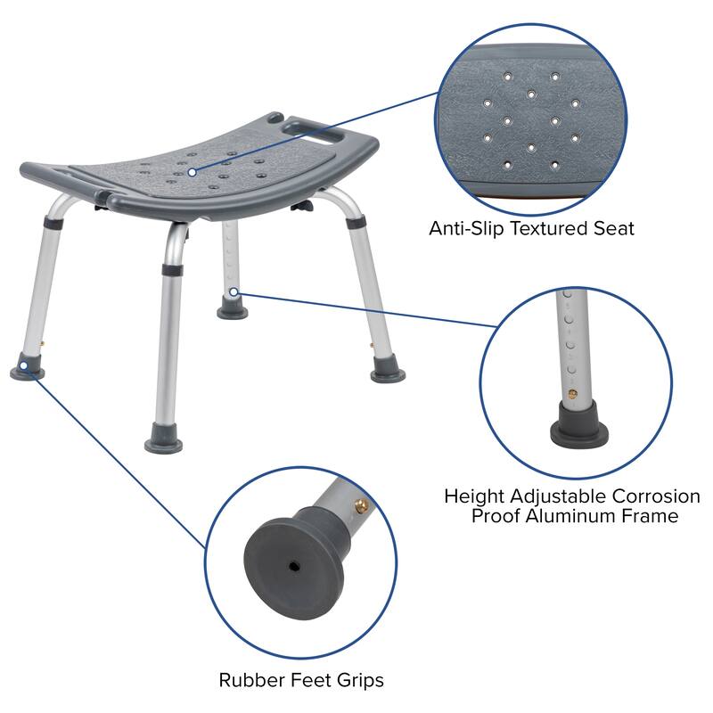 Tool-Free 300 Lb. Capacity, Adjustable Bath & Shower Chair w/Non-slip Feet - 17"D x 19"W x 14.5" - 21.5"H