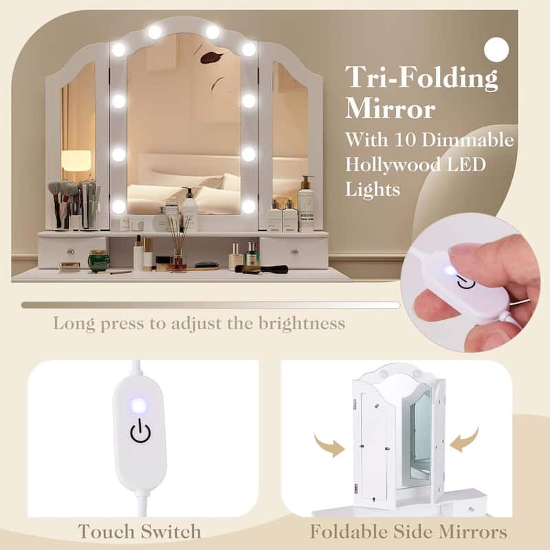 Modern Vanity Desk＆Cushioned Stool Dressing Table Set w/ Mirror