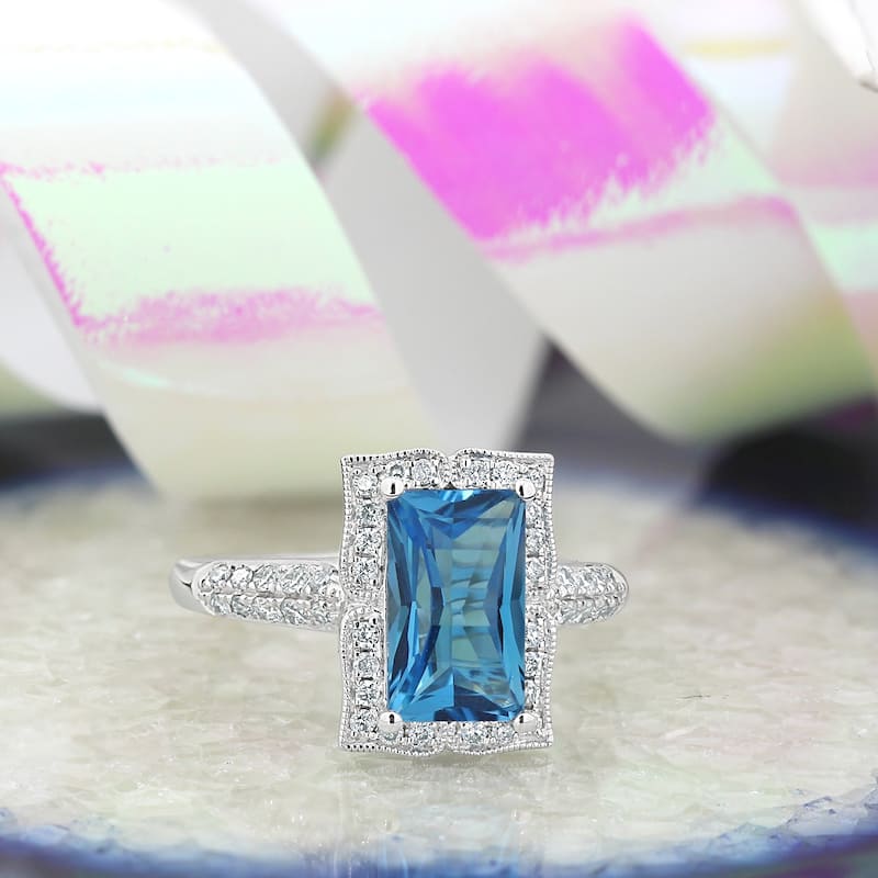 Auriya Vintage 2 5/8ct Emerald-cut Swiss-Blue Topaz and Halo Diamond Engagement Ring 1/3ctw 14k Gold