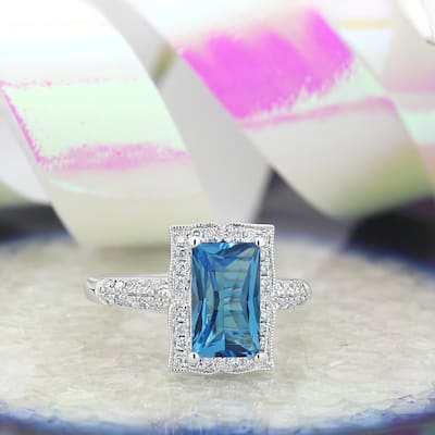 Auriya Vintage 2 5/8ct Emerald-cut Swiss-Blue Topaz and Halo Diamond Engagement Ring 1/3ctw 14k Gold