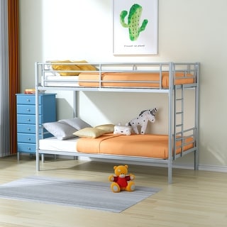 Silver Metal Twin over Twin Bunk Bed with Removable Ladder - Full-Length Guardrails