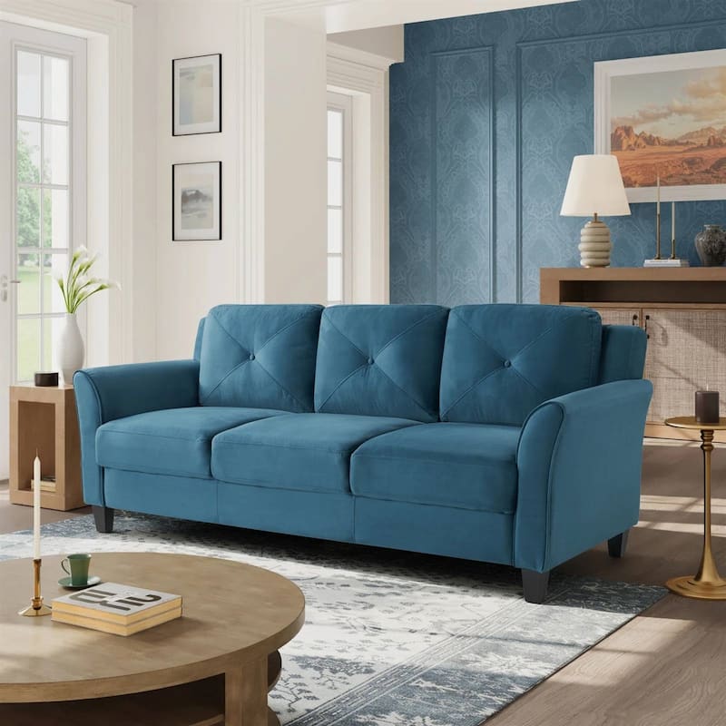 Modern 3-Seater Microfiber Upholstered Sofa with Tufted Cushions and Flared Arms Black Legs - 32.7'' H X 78.7'' W X 31.5'' D