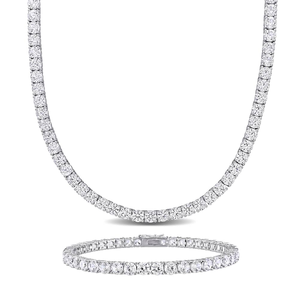 Miadora 47 1/4ct TGW Created White Sapphire Tennis Bracelet and Necklace Set Sterling Silver