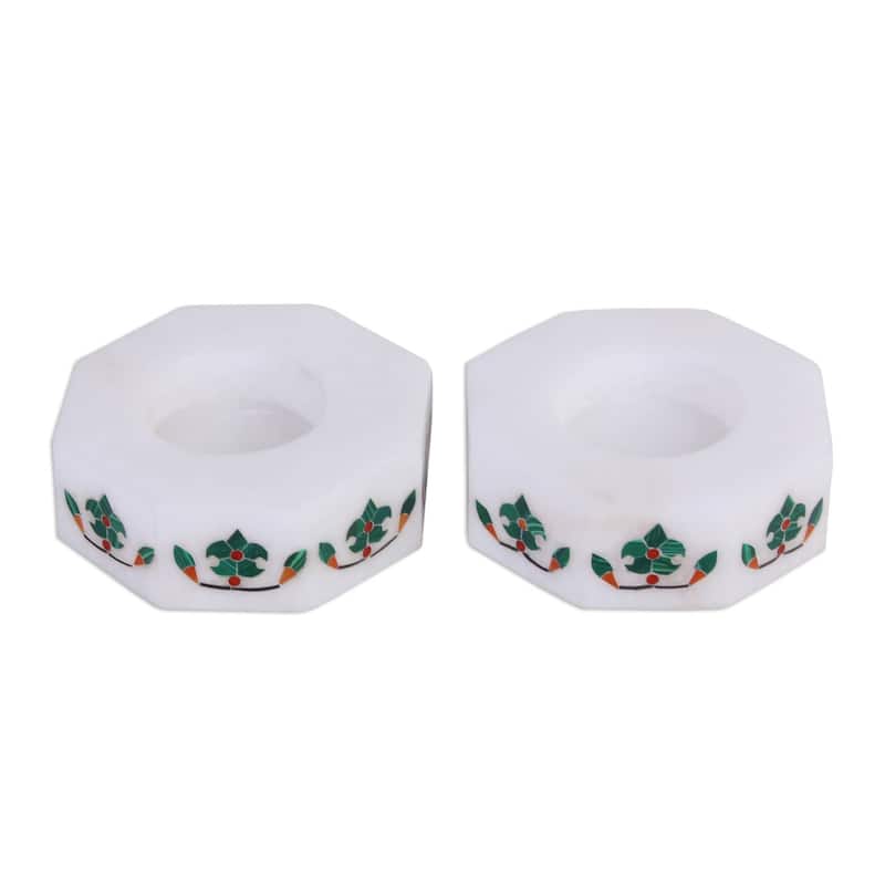Novica Handmade Floral Alliance In Green Marble Tealight Holders (Pair)