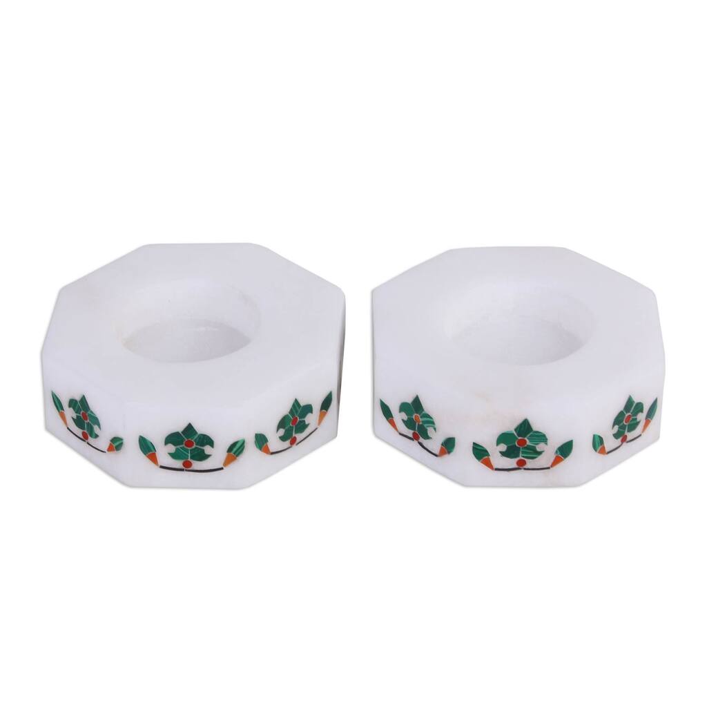 Novica Handmade Floral Alliance In Green Marble Tealight Holders (Pair)