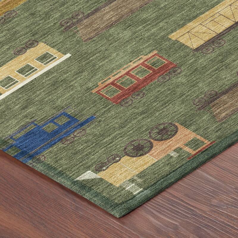 Machine Washable Indoor/ Outdoor Modern Train Chantille Rug