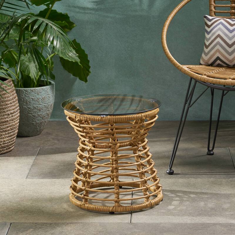 Roomfitters San Pedro Outdoor Boho Wicker Side Table with Tempered Glass Top, Round Patio Accent Table, Light Brown - Light Brown