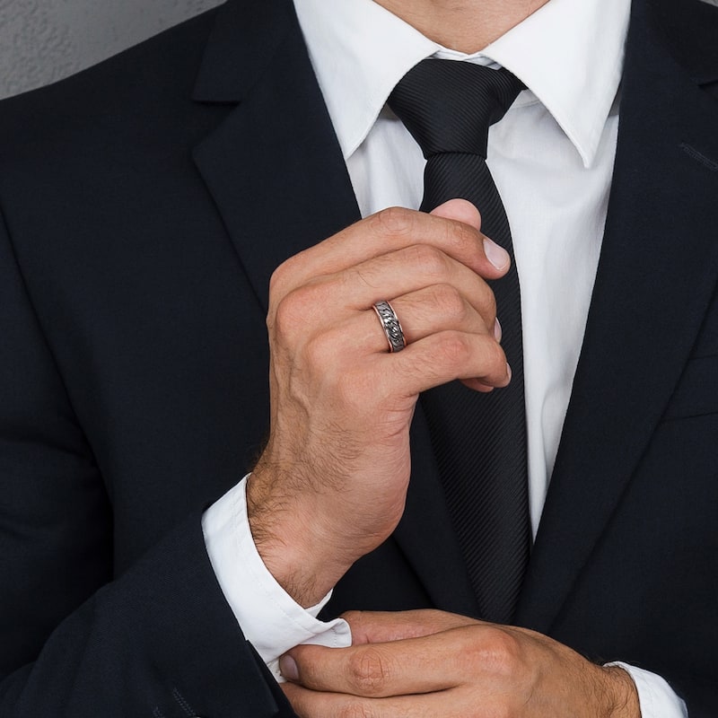 Miadora Ribbed Design Mens Ring in Rose Silver with Black Rhodium Plating