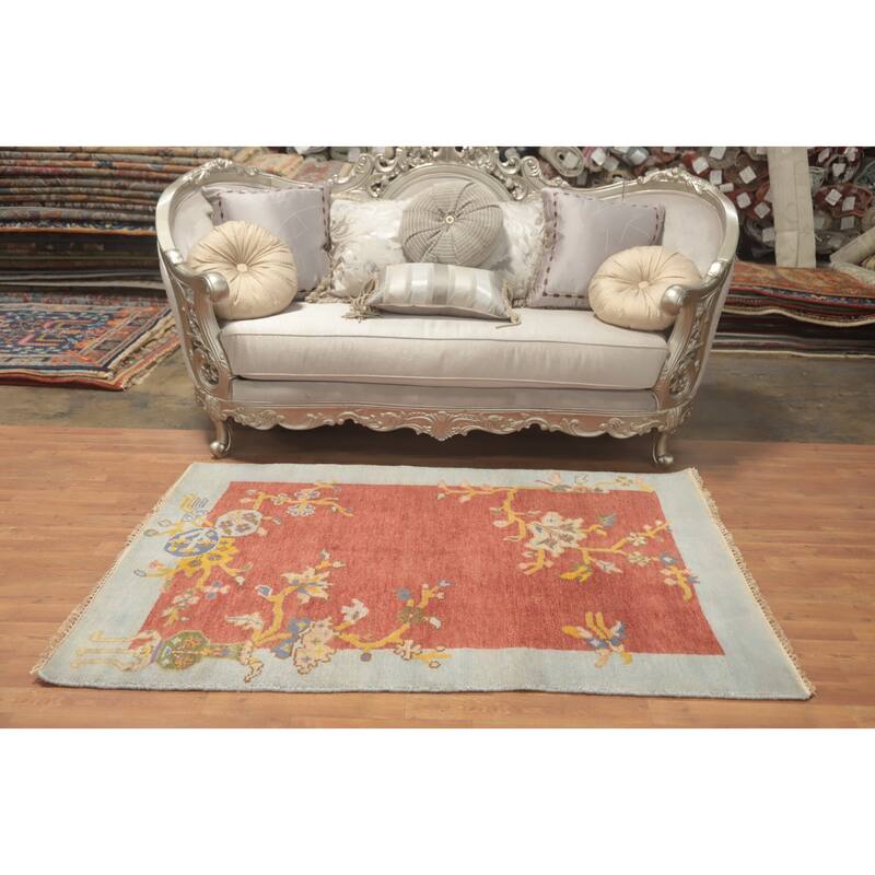 Hand-knotted Traditional Wool Orange Floral Area Rug Oriental Carpet - 5' 10'' X 4' 0''