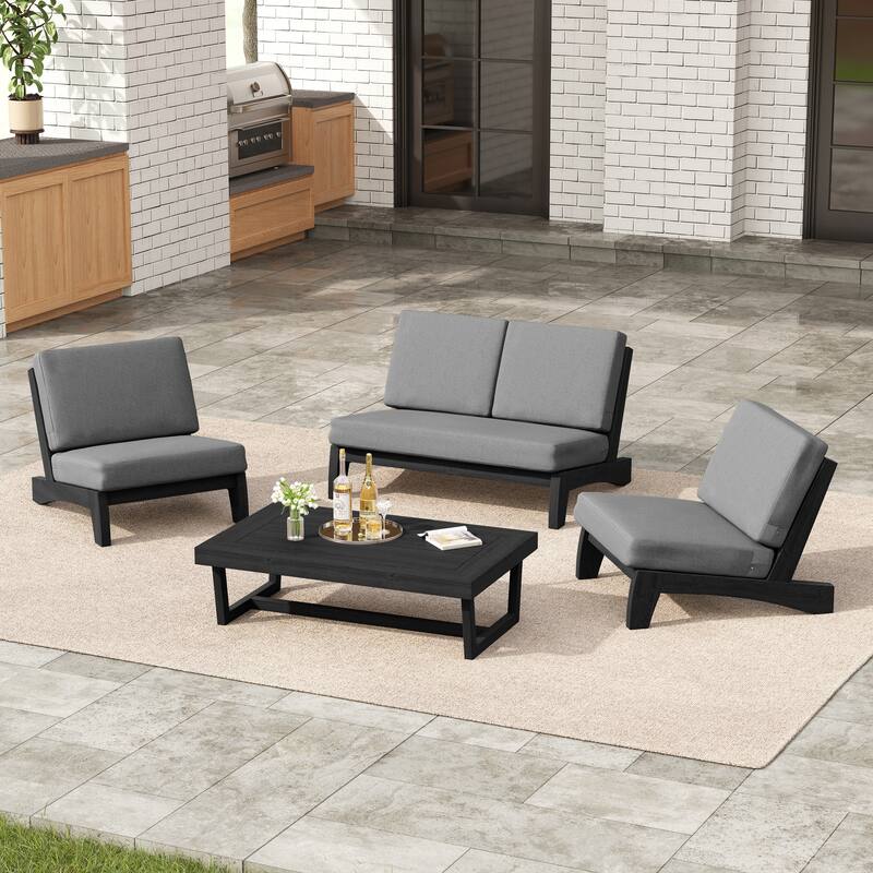 4 Set Outdoor Patio Teak Wood Club Chairs Loveseat with Cushion