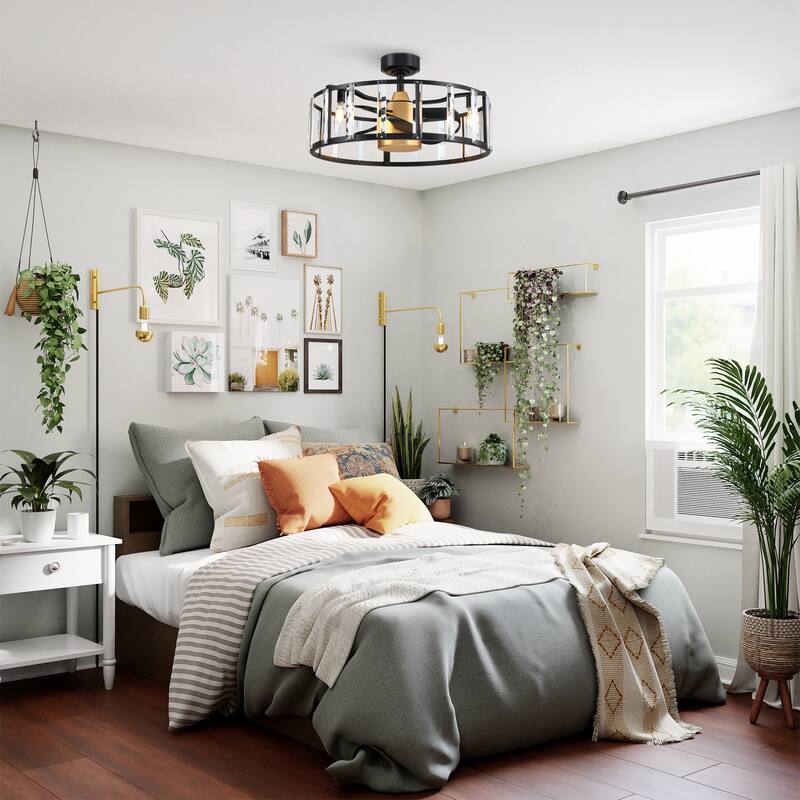 27" Industrial Black DC Motor Downrod Ceiling Fan with Light and Remote Control