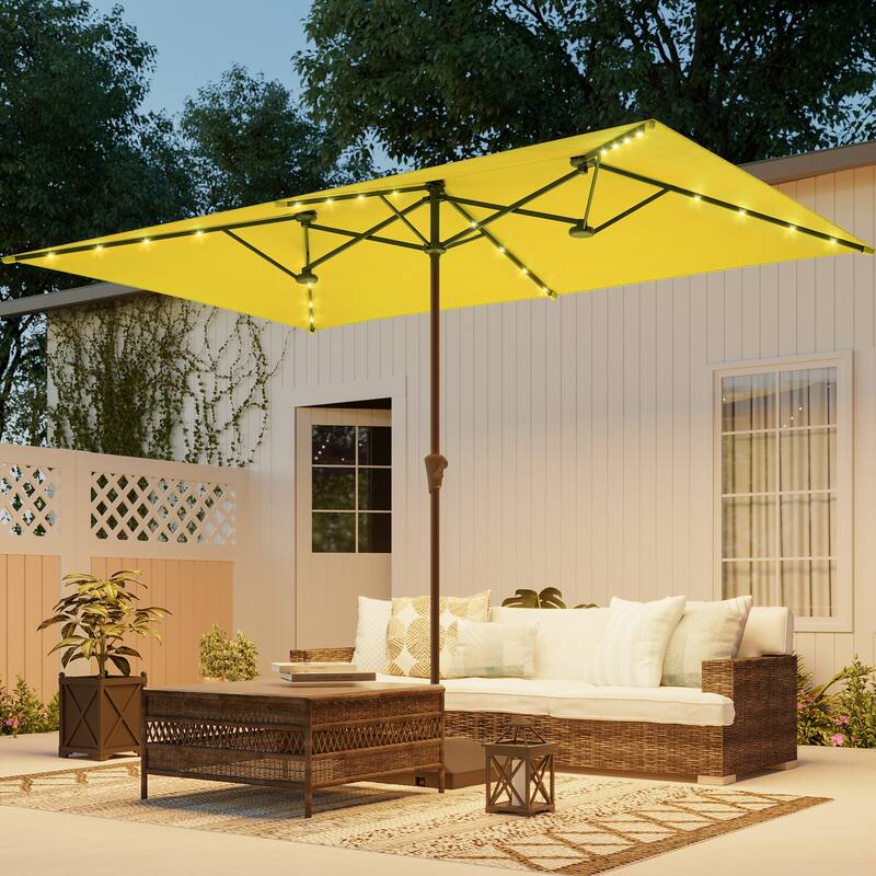 BONOSUKI 11x7/10x6.5ft Solar LED Double-Sided Patio Umbrella with Large Canopy Outdoor Table Umbrella - Yellow
