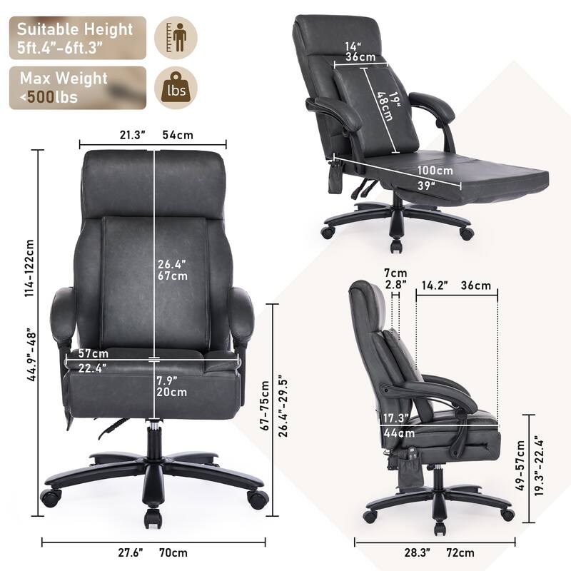 500Lbs Massage Reclining Executive Office Chair, Faux Leather High Back Ergonomic Office Chair With Footrest