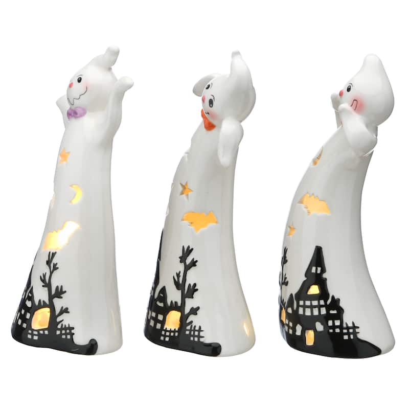 National Tree Company Halloween Three Dancing Ghosts Ceramic Decoration, LED Lights, Pack of 3, 7 inches - 7 in