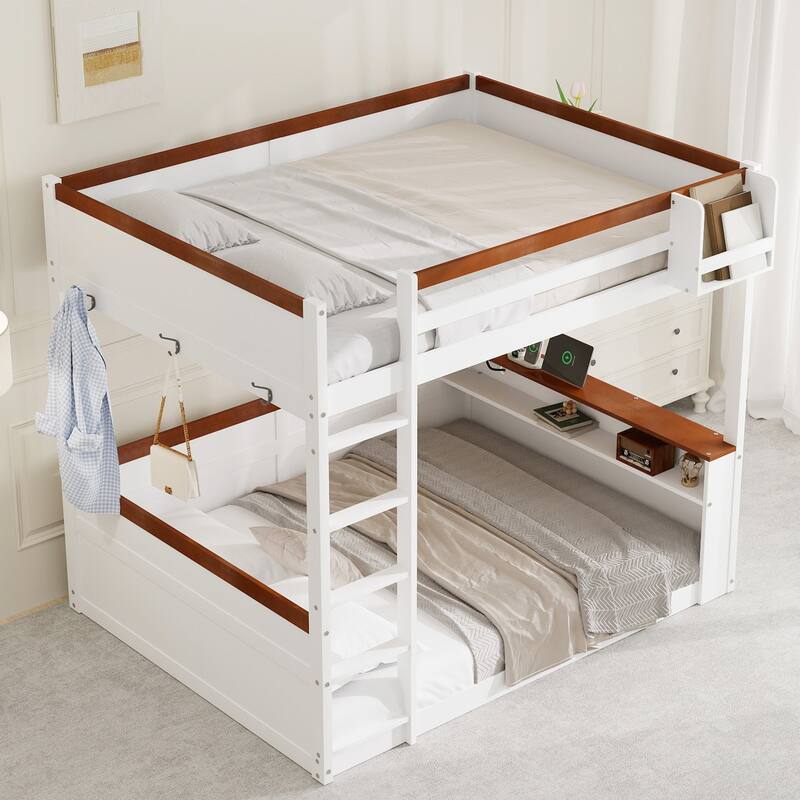 Queen Size Wooden Bunk Bed with Built-in Shelves, Storage Box, LED Light & USB Charging Station, Space-Saving Design