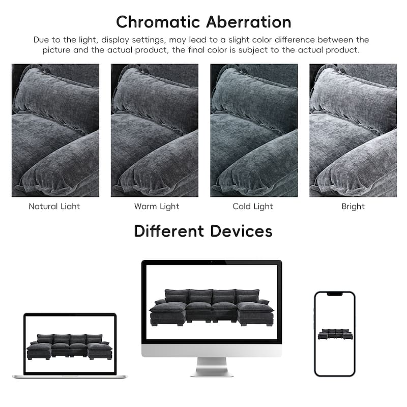 110" U-Shaped Chenille Cloud Sectional Sofa with Chaise & Pillows