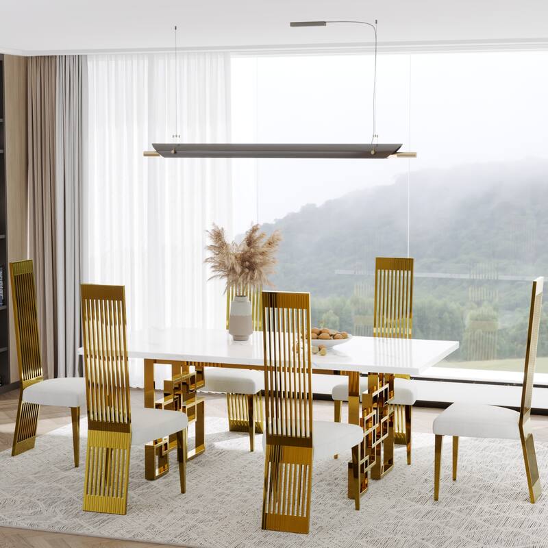 Faux Mable Dining Table Set with White Boucle and High Back Chairs