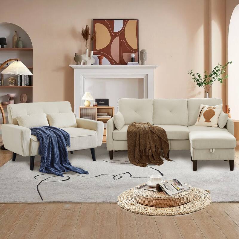 77.17" Corduroy 3 Pieces Living Room Sets with Sofa, Ottoman and Loveseat - Beige