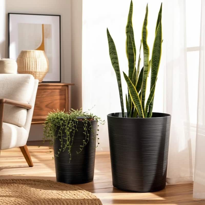 Polyresin Planter Ribbed Texture Home Use (Set of 2) - 21", 19" Black - 21" x 21" x 21"