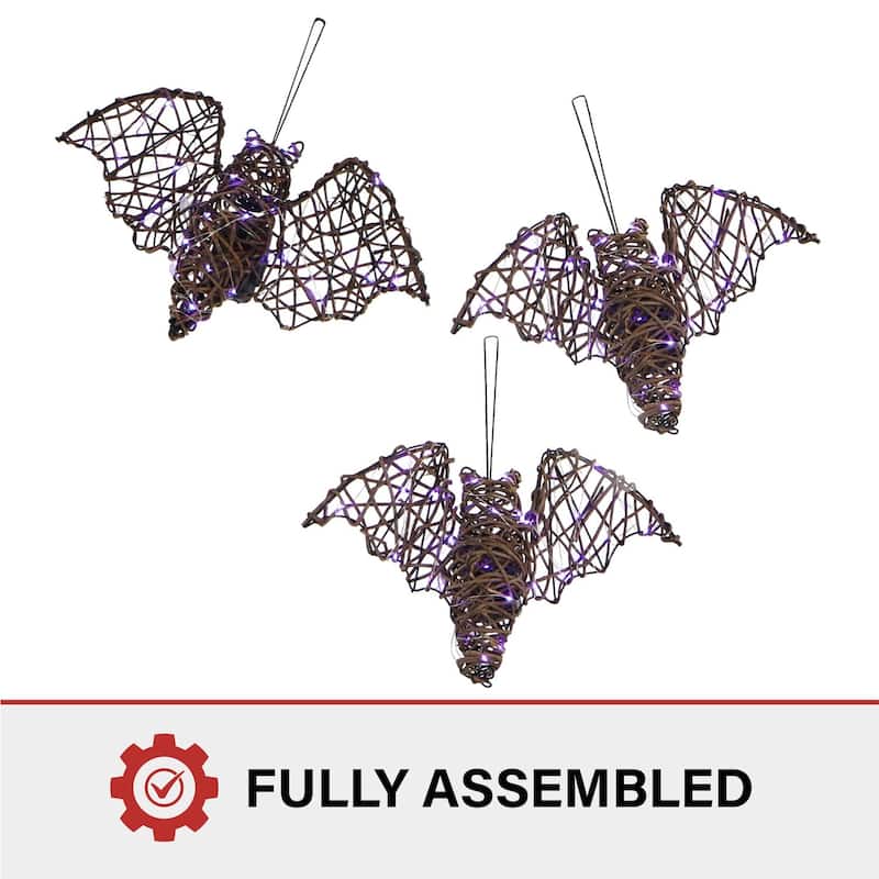 Haunted Hill Farm Set of 3 Battery-Operated Rattan Bats with Hanging Loops, Purple Lights, and Timer