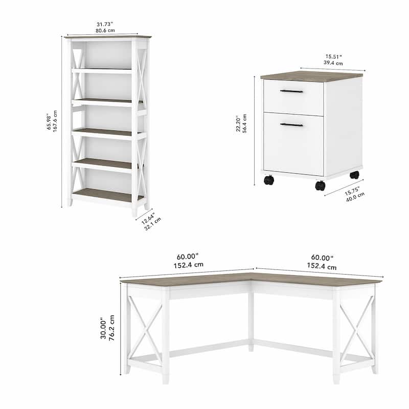 Key West 60W L Desk with File Cabinet and Bookcase by Bush Furniture
