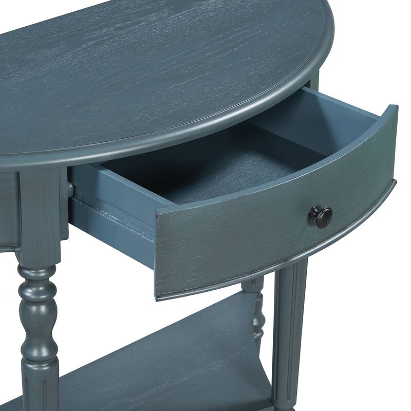 Farmhouse Half Moon Console Table with Drawer & Shelf - Rustic Accent Table