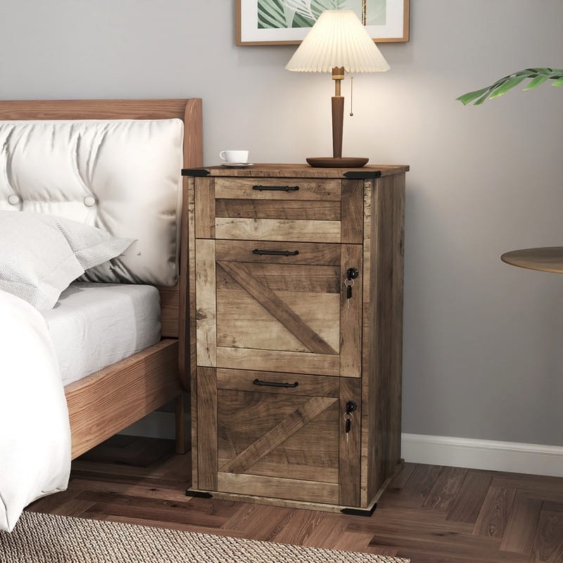 Barn Door Wooden 3 Drawers With Lock 30.71"H