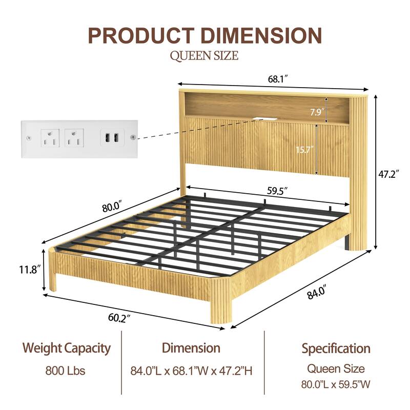 Queen Size Bed Frame With Storage Headboard, Built-In Charging Station, Wavy Curved Lines Design, Silent Operation