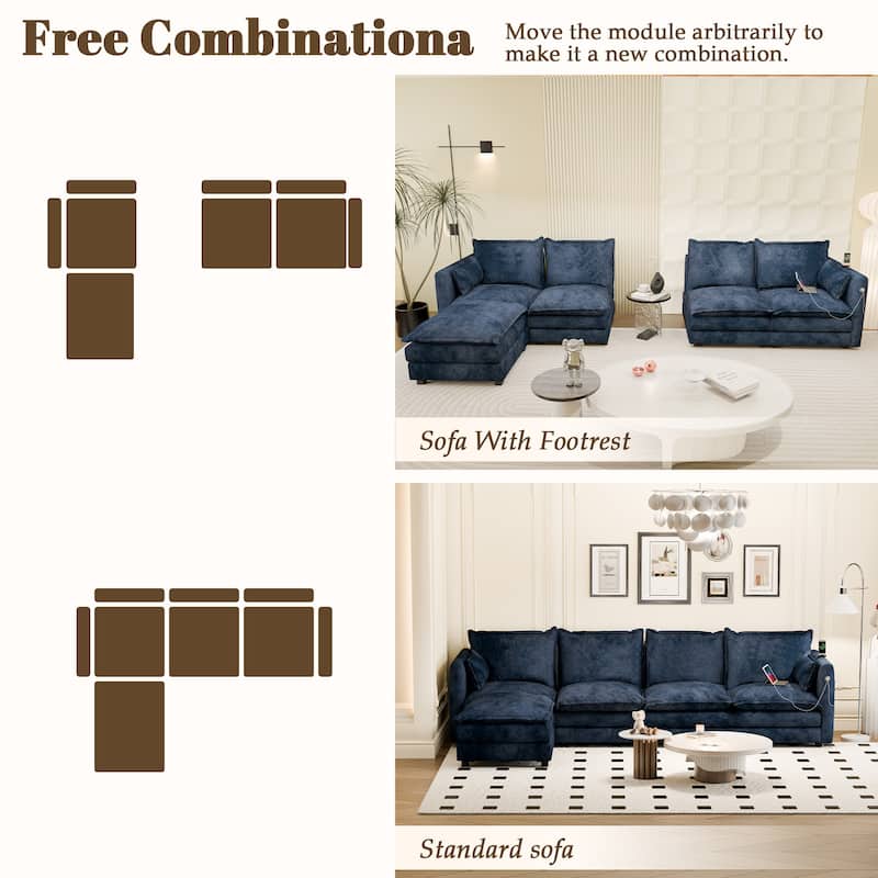 Modular Sectional Sofa L Shaped Couch, 3/4 Seat Sofa Set with Ottoman, Chenille Fabric