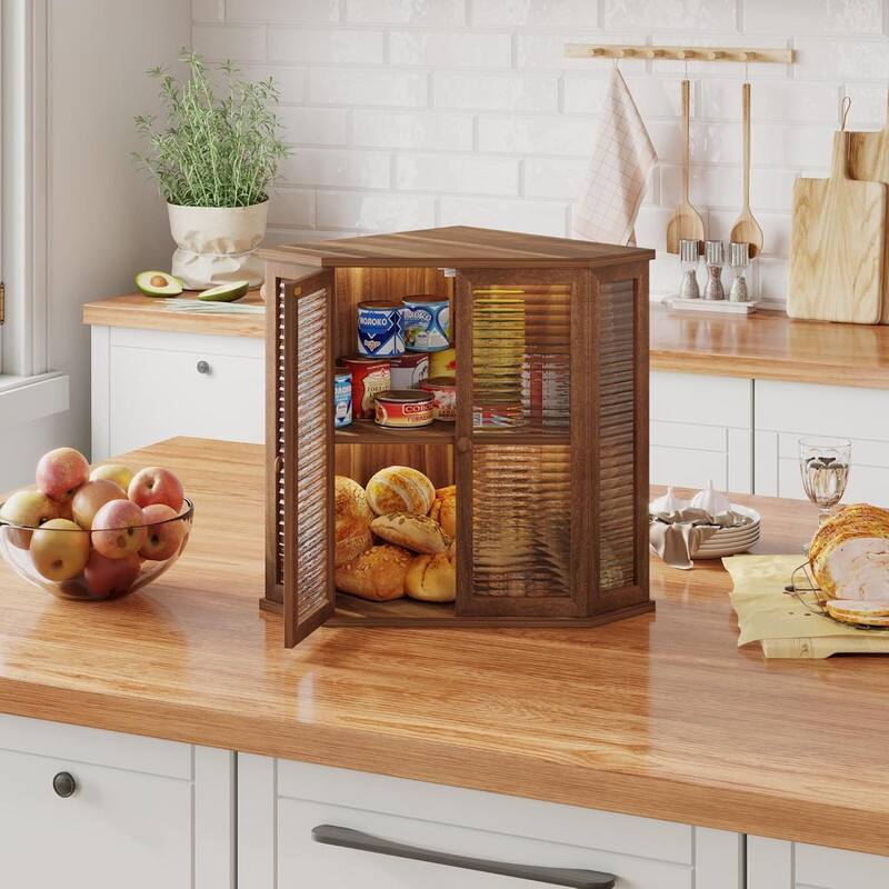 Extra-large locust wood square bread box 16.5-inch wooden bread box with glass wave door, farmhouse style design.