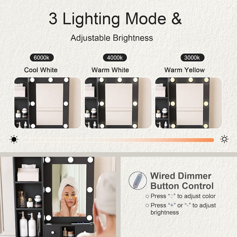 Vanity Desk with Mirror & LED Lights, Makeup Table with Power Outlet, Hairdryer Holder & Stool, Compact Dressing Table Set