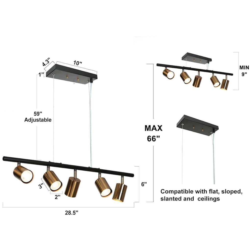 Modern 5-Light Black Gold Chandelier Metal Linear Island Lights for Dining Room