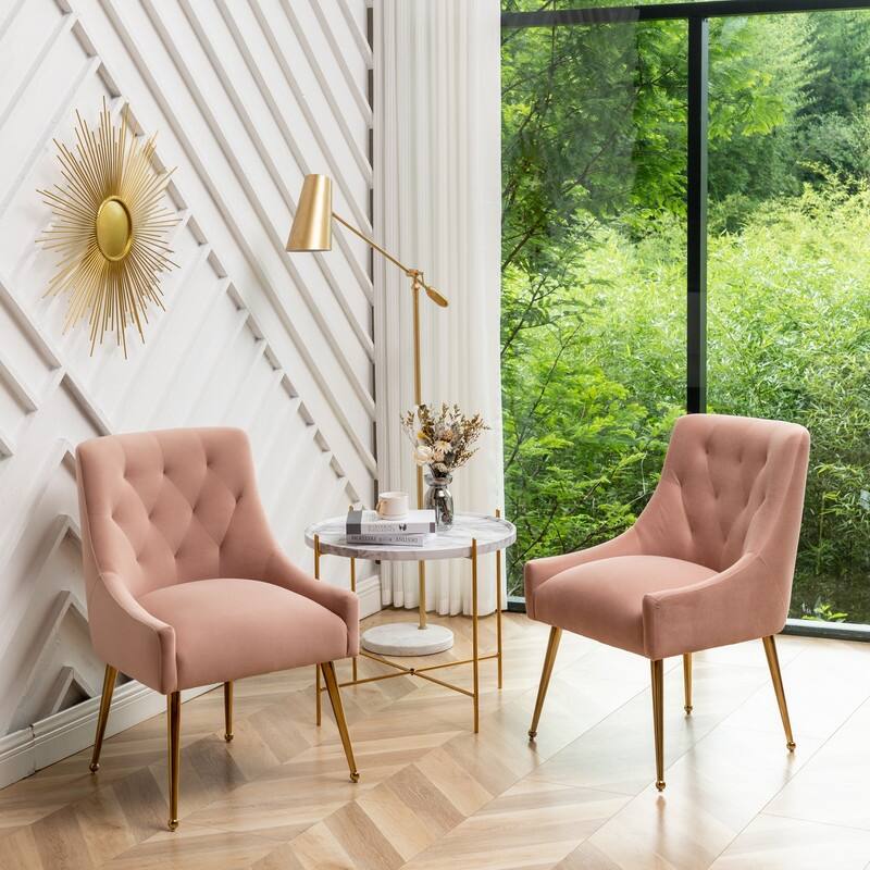 Modern Dining Chairs Set of 2, Upholstered Accent Chair Tufted Back Armless Chair with Back Pull - Pink