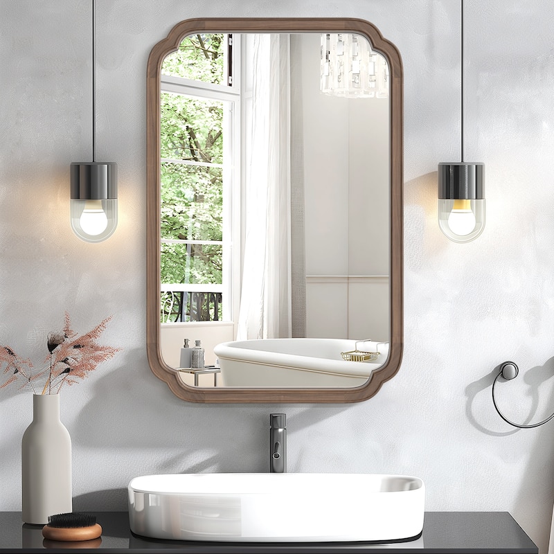 Decorative Scalloped Corner Rectangle Farmhouse Style Wall Mirror - 24" x 36" - Walnut