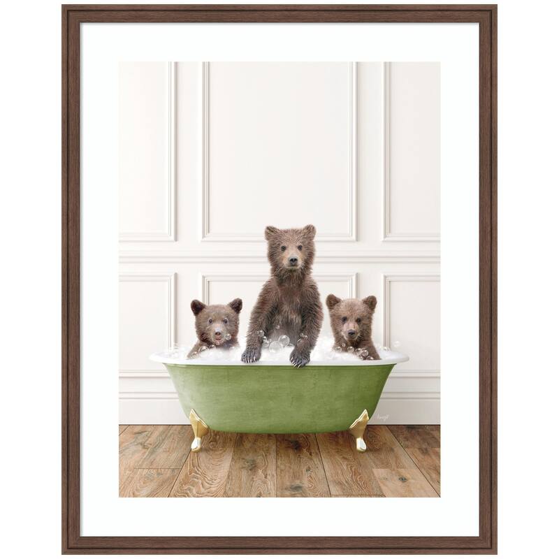 Kate and Laurel Three Bear Cubs in Transitional Bathtub by Amy Peterson Framed Wall Art Print - 27 x 34 - Brown