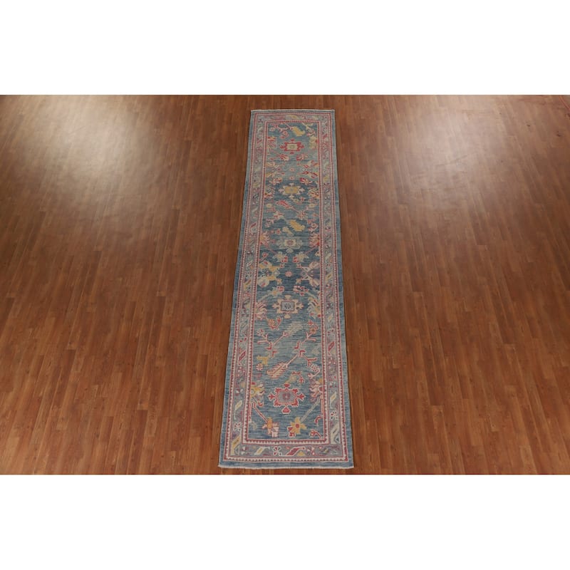 Vegetable Dye Oushak Turkish Runner Rug Handmade Floral Wool Carpet - 3'1"x 12'10"