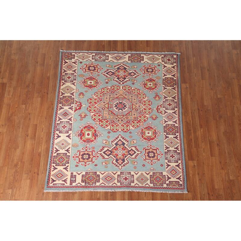 Geometric Blue Kazak Area Rug Handmade Wool Carpet - 4'11" x 5'11"