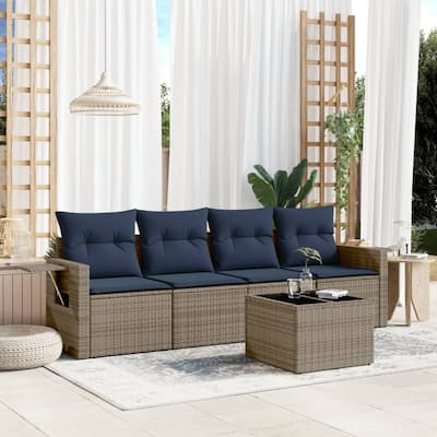 vidaXL Patio Sofa Set with Cushions Outdoor Furniture 5 Piece Poly Rattan - 21.7 x 24.4 x 27.2