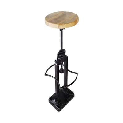 Black Iron and Mango Wood Round Adjustable Bar Stool with Footrest 27 Inch - 13" x 15” x 21” (D x W x H)