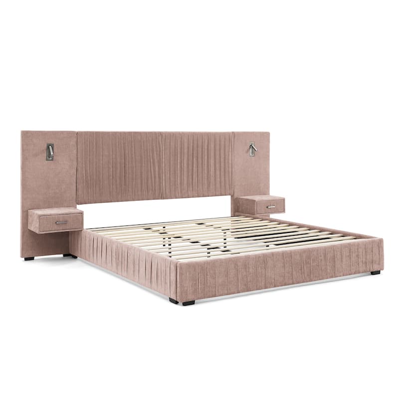 King Size Upholstered Chenille Grounded Bed with Headboard and Solid Frame