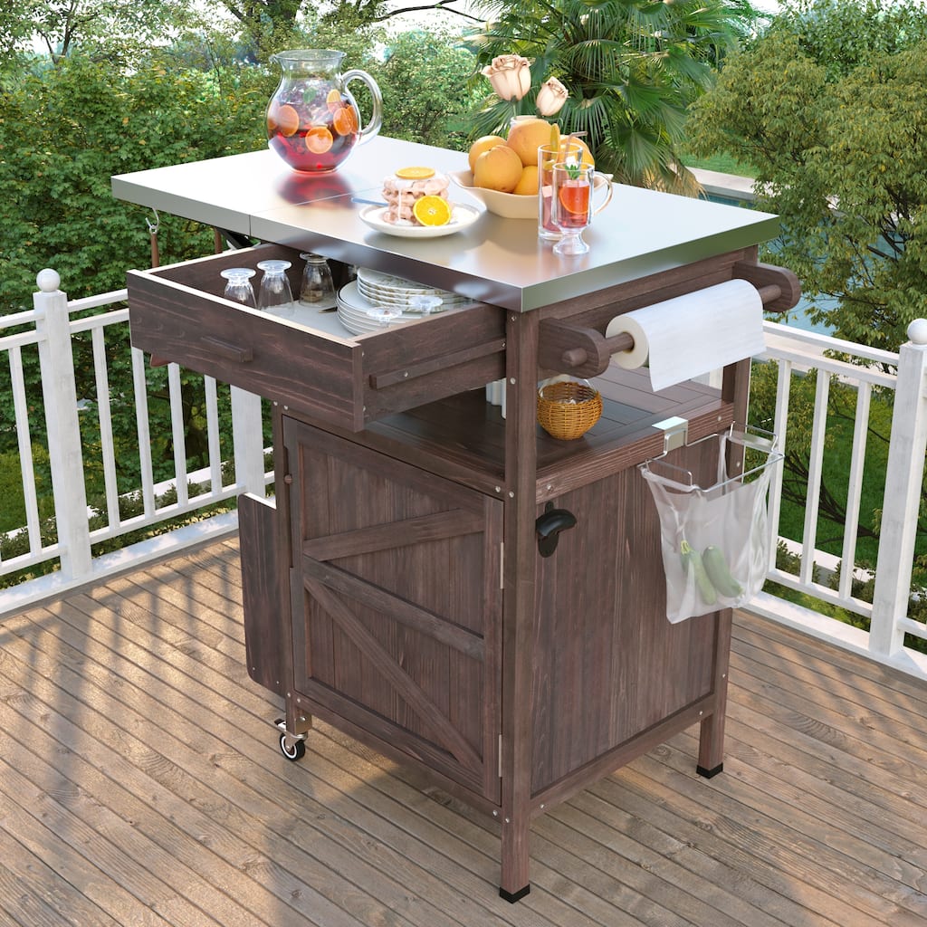 40.5" Outdoor Grill Cart with Stainless Steel Top,Solid Wood Outdoor Storage Cabinet with Drop Leaf - N/A