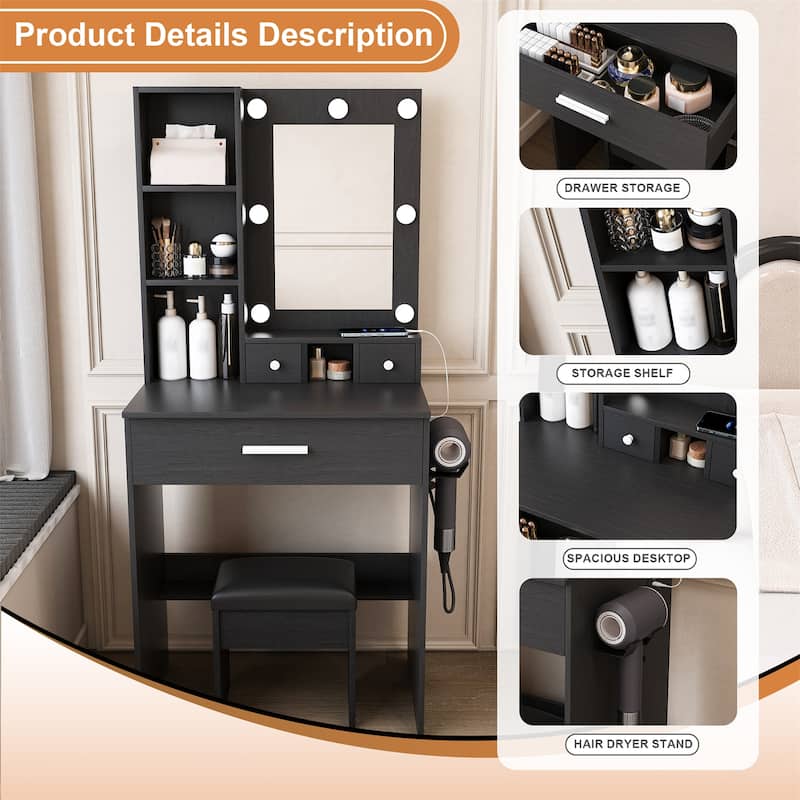 Vanity Table with Mirror & Adjustable LED Lights, Power Outlet, Hairdryer Holder & Stool