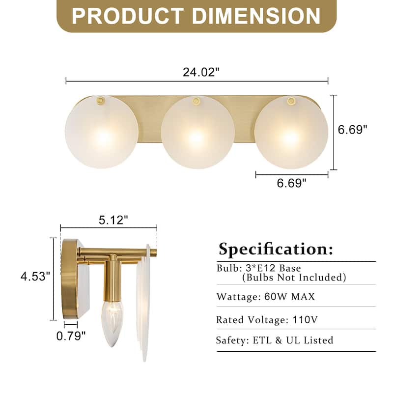 Modern Gold 3-Light Vanity Light Frosted Glass Bathroom Fixture
