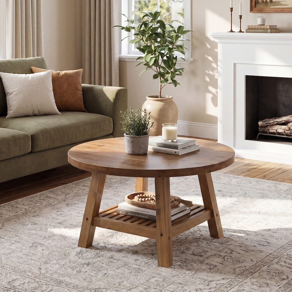 Solid Wood Round Coffee Table, 31.5" Wooden Center Table with Storage