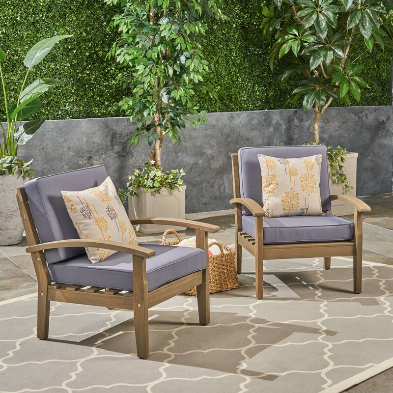 Peyton Outdoor Cushioned Wood Club Chairs (Set of 2) by Christopher Knight Home - gray + dark gray cushuion