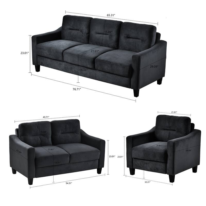 Modern Minimalist Velvet Upholstered 3 Piece Living Room Set